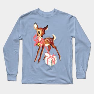 Retro Christmas Reindeer with Gift Long Sleeve T-Shirt